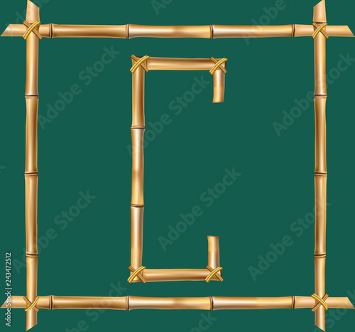 Capital letter C made of realistic brown dry bamboo poles inside of wooden stick frame