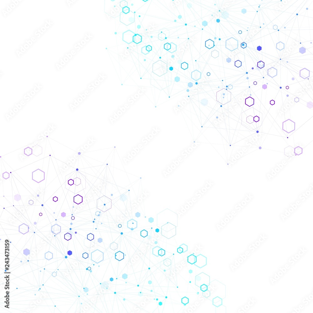 Abstract medical background DNA research, molecule, genetics, genome, DNA chain. Genetic analysis art concept with hexagons, lines, dots. Biotechnology network concept molecule, vector illustration