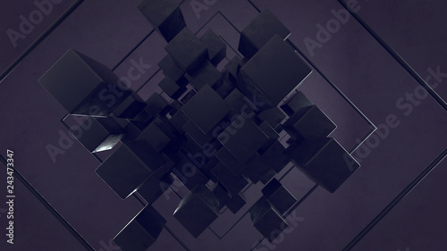 Abstract 3d rendering of chaotic particles. Colored cubes in empty space. Black background