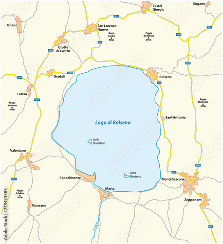 Map of the central Italian Lake Bolsena, Lazio, Italy