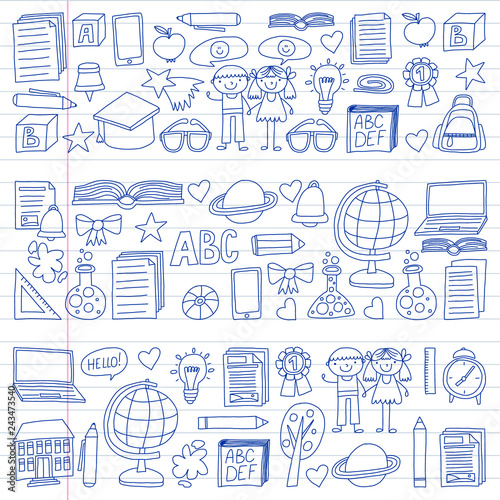 Vector set of secondary school icons in doodle style. Painted, drawn with a pen, on a sheet of checkered paper on a white background.