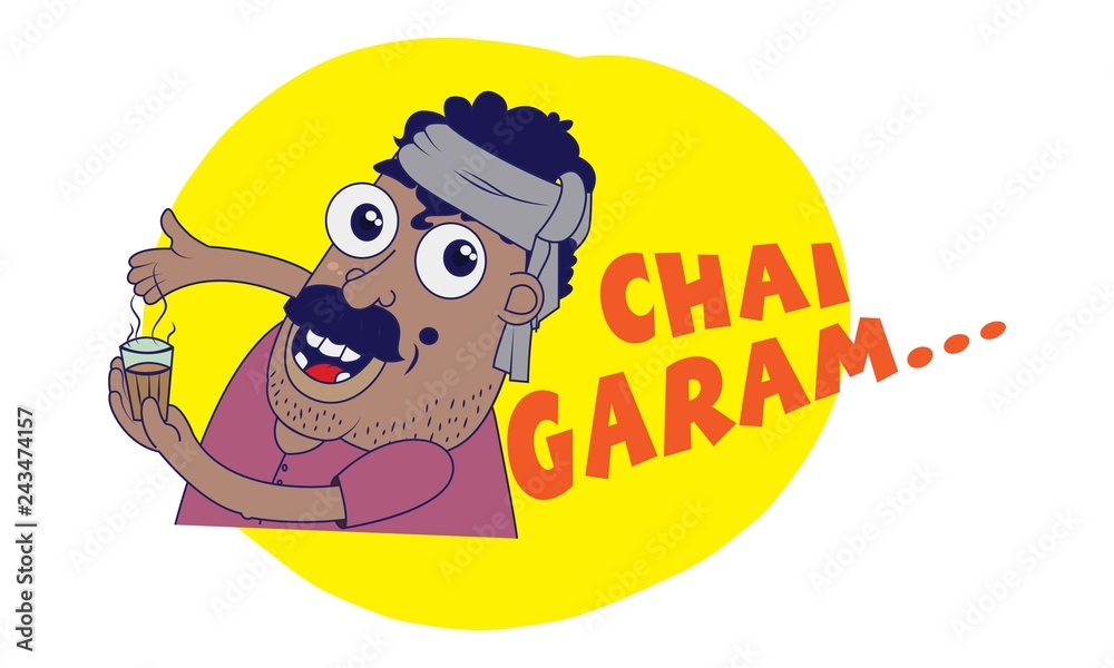 Indian themed Chat Stickers - a man with a tea cup saying chai garam .  Vector Illustration. Isolated on white background. Stock Vector | Adobe  Stock