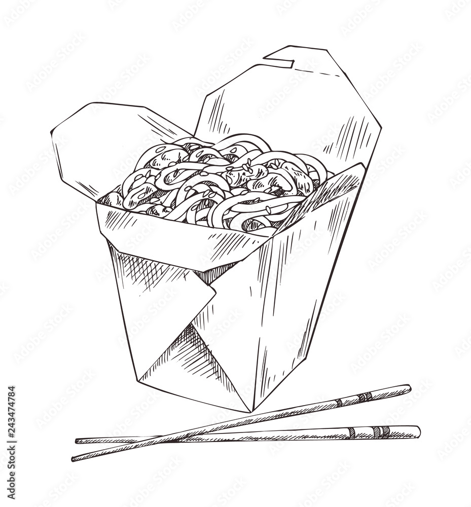 Fotografie Packed Noodle and Chopsticks Vector Illustration