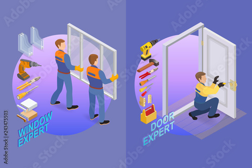Home repair isometric template. Builder with tools.
