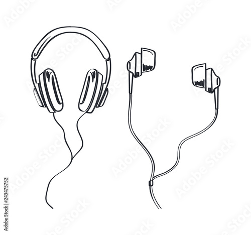 Headphones Types, Earphones Monochrome Sketches