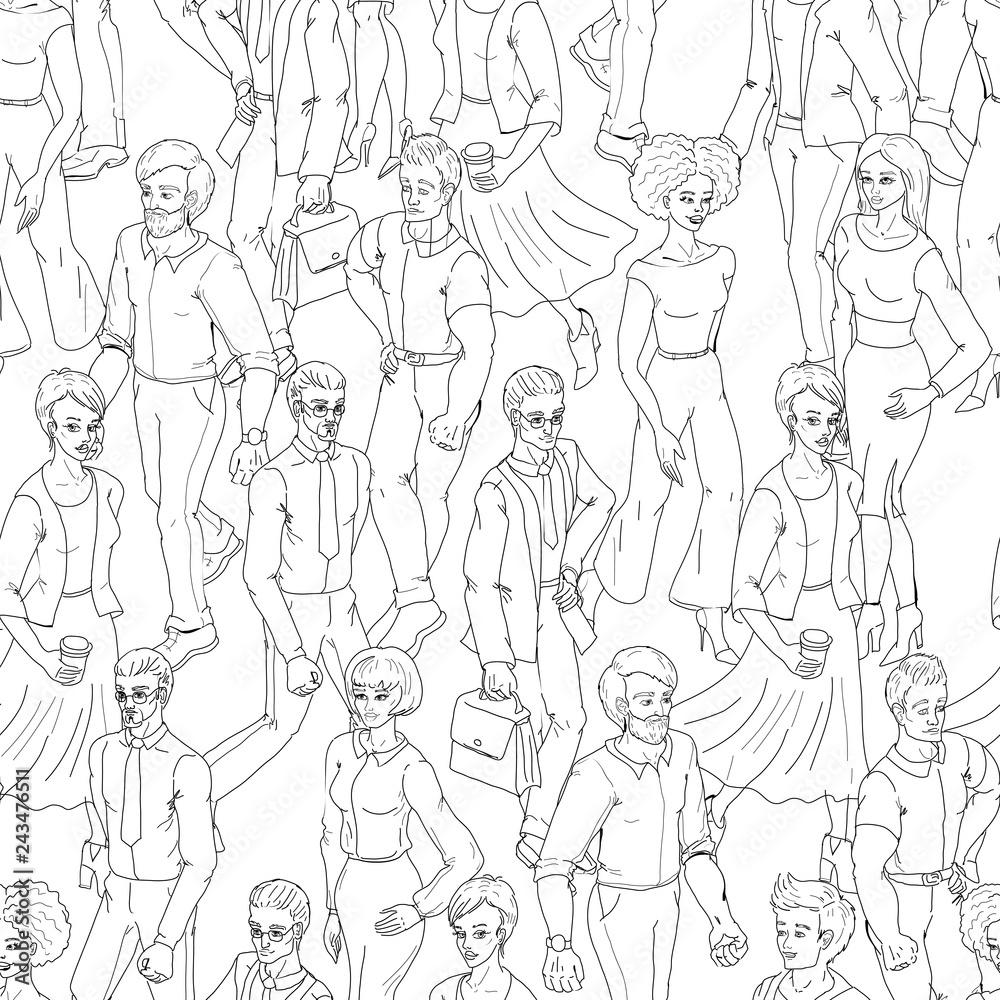 Fototapeta Seamless pattern with business people walking. Sketch style illustration with men and woman.