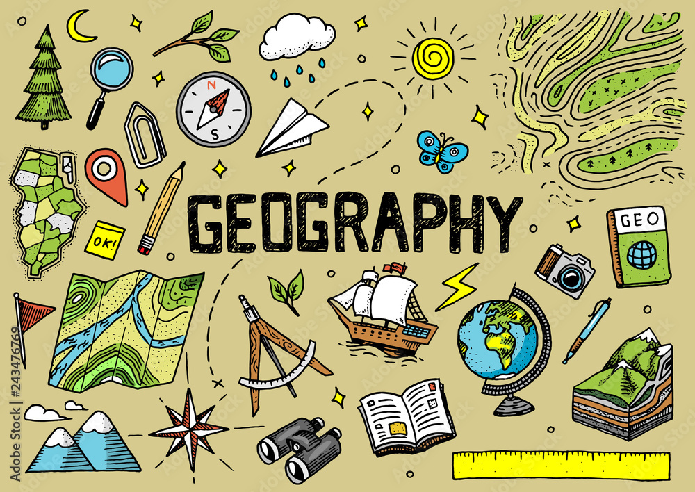 © artbalitskiy - Set of geography symbols. Equipments for web banners. Vintage outline sketch for web banners. Doodle style. Education concept. Back to school background. Hand drawn style. © artbalitskiy - Set of geography symbols. Equipments for web banners. Vintage outline sketch for web banners. Doodle style. Education concept. Back to school background. Hand drawn style.