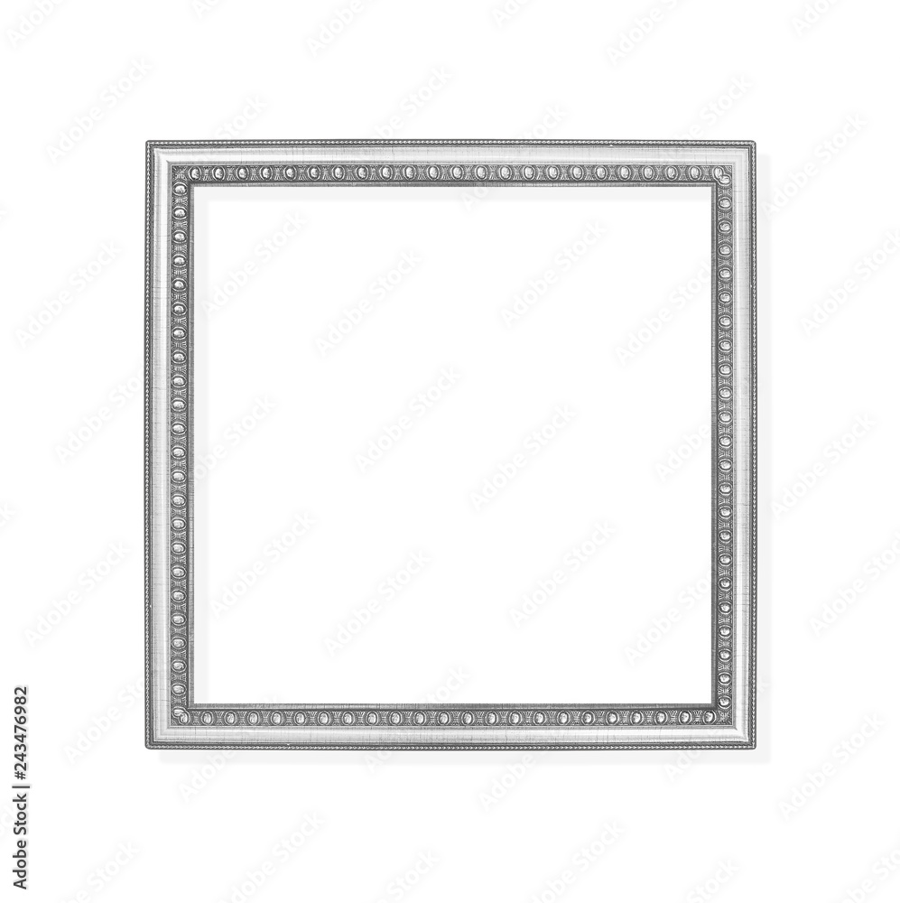 Decoration gray or silver metal picture frame with carving patterns isolated on white background with clipping path Decoration gray or silver metal picture frame with carving patterns isolated on white background with clipping path