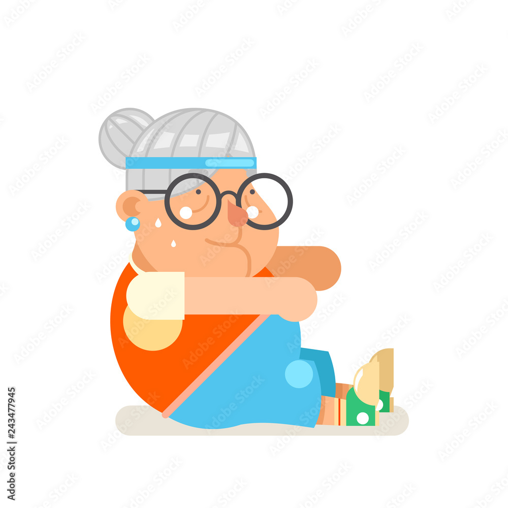 Granny healthy activities fitness adult old age woman character cartoon flat design vector illustration