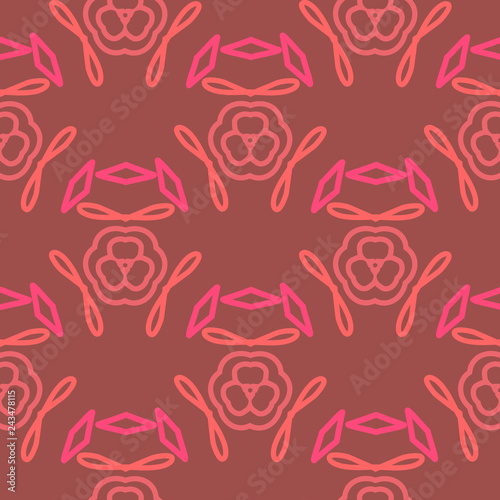 Endless pattern with abstract floral motifs. Ethnic ornaments. Boho style design for fabric, textile, silk,cotton, furnishing, manufacturing, wallpaper. Vintage simple style.Tender pink, orange colors