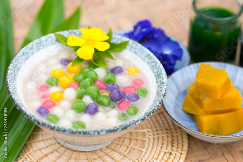 Thailand Bua Loi,Thai sweetmeat with colorful ball flour, coconut, Tapioca, rainbow, popular and famous thailand dessert .