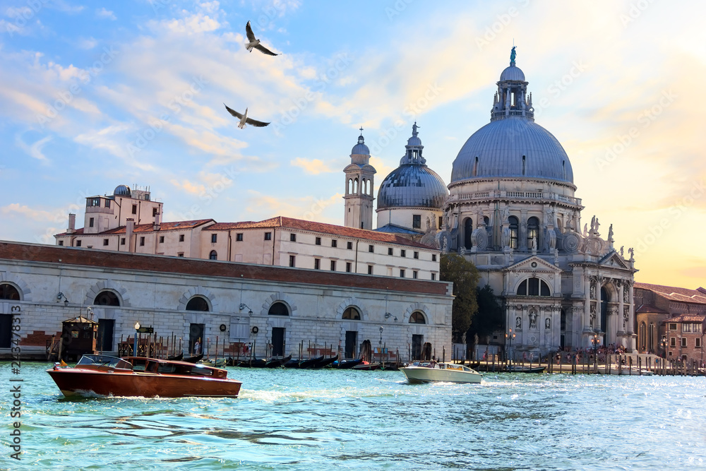 Venice lagoon view and Basilica of Santa Maria della Salute, Italy