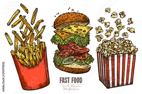Sketch flying fast food collection with classic burger, box with french fries and popcorn with levitation ingredients. Vector colorful hand drawn illustration for menu, advertising, banners
