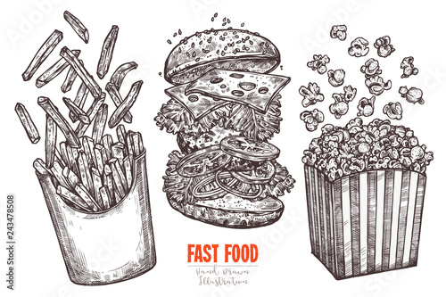 Sketch flying fast food collection with classic burger, box with french fries and popcorn with levitation ingredients. Vector monochrome hand drawn illustration for menu, advertising, banners