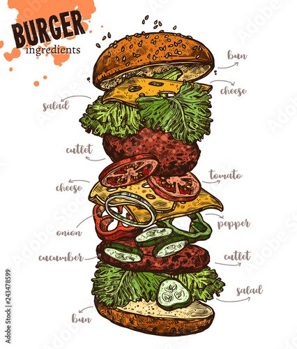 Sketch monster burger with levitation ingredients. Hand drawn vector flying fast food