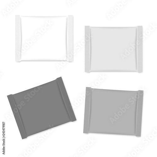 Blank square sachet packets isolated on white background, mock-up