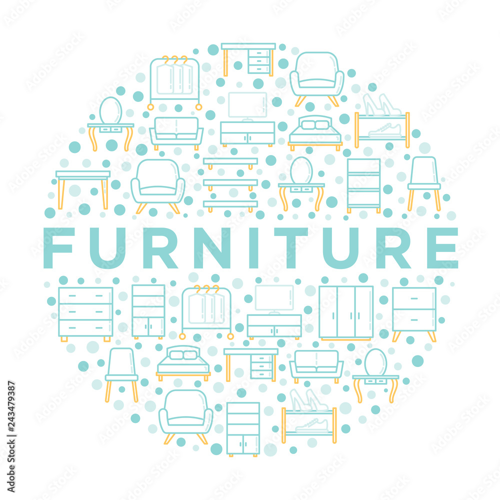 Furniture concept in circle with thin line icons: dressing table, sofa, armchair, wardrobe, chair, table, bookcase, clothes rack, desk, wall shelves. Elements of interior. Vector illustration.