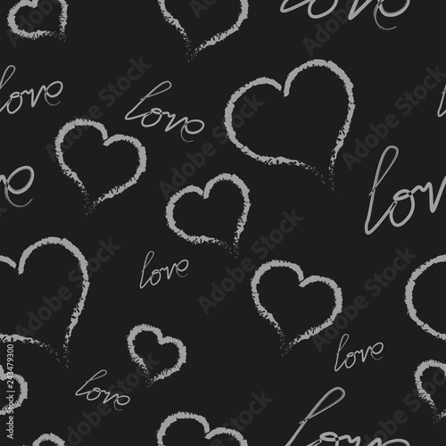 The white hearts and a love inscription on a black background. Pattern Vector illustration.