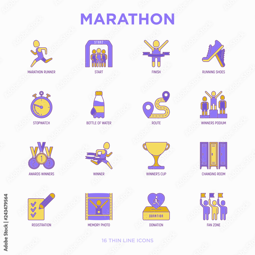 Fototapeta premium Marathon thin line icons set: runner, start, finish, running shoes, bottle of water, route, award, changing room, memory photo, donation, fan zone. Vector illustration.