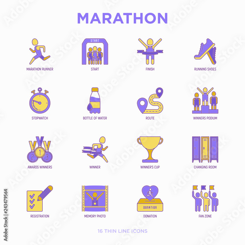 Marathon thin line icons set: runner, start, finish, running shoes, bottle of water, route, award, changing room, memory photo, donation, fan zone. Vector illustration.