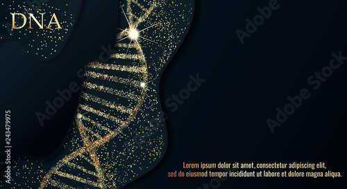 DNA sequence, DNA code structure with gold glow. Science concept background. Nano technology. Vector illustration, black background with space for text.