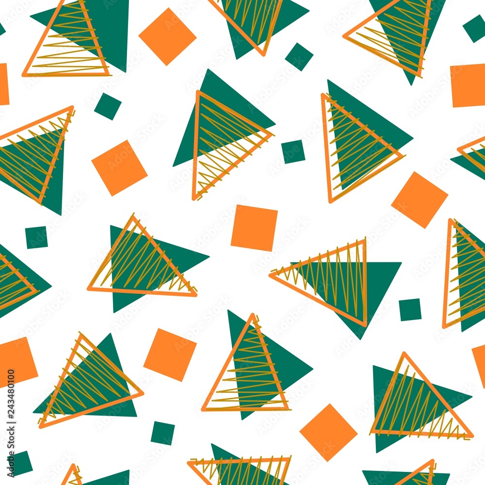 Obraz premium Abstract three color memphis style pattern, orange and green elements, white background. Seamless vector pattern with triangles and squares.