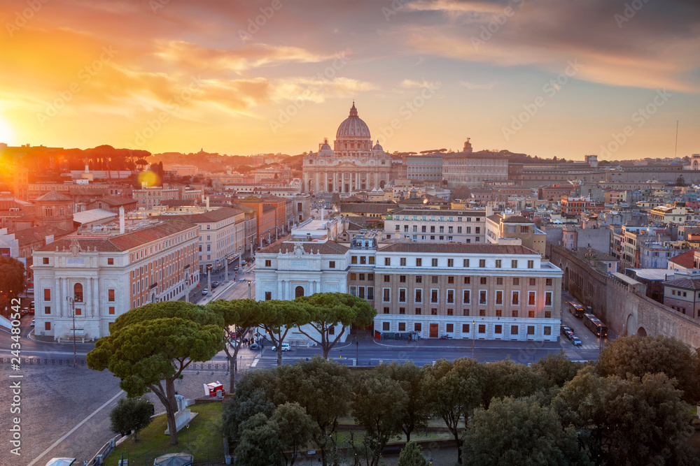 Rome, Vatican City. Aerial cityscape image of Vatican City with the  Saint Peter Basilica, Rome, Italy during beautiful sunset.