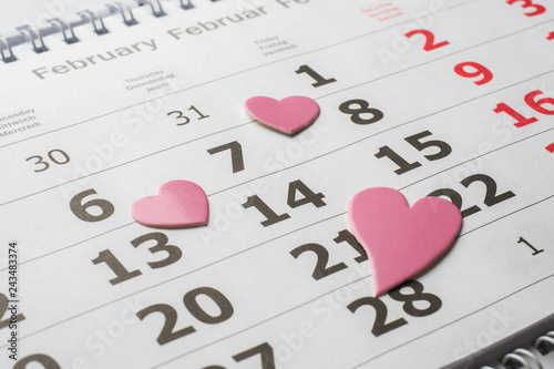 February 14 Calendar. Valentine's day concept red hearts