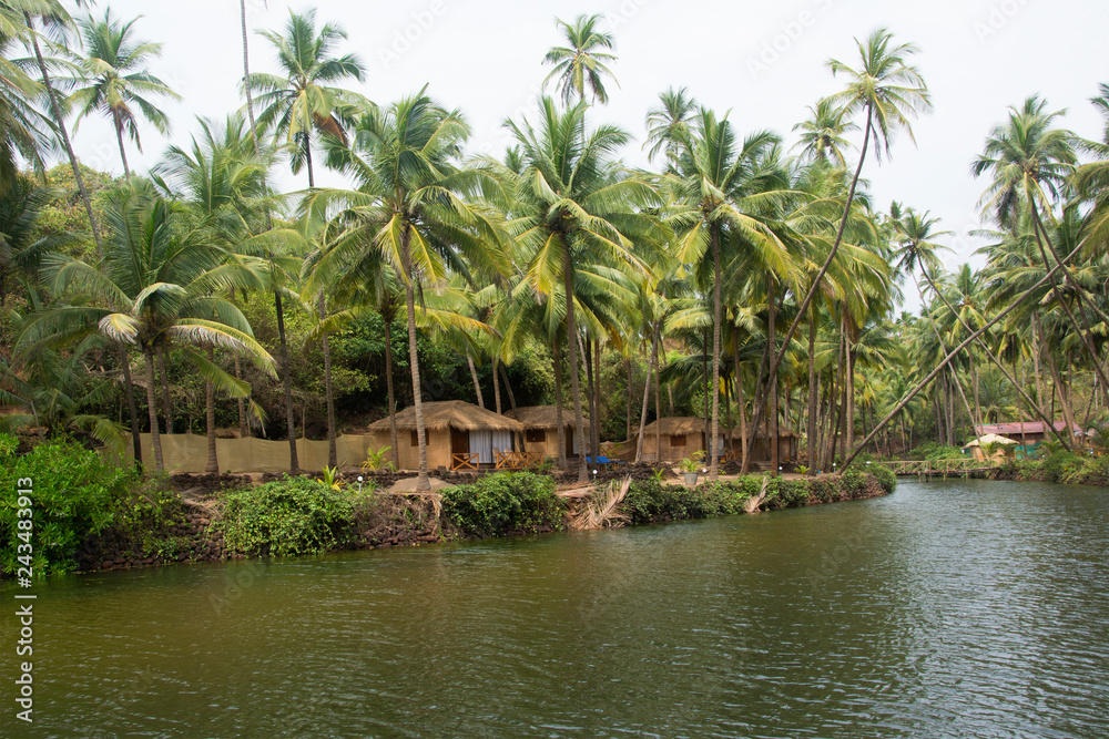 Beach huts besides the beautiful lagoon at Cola Beach, Goa, India