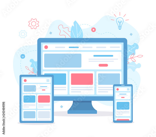 The website is open on different devices: computer, tablet and smartphone. Responsive web design. Flat vector illustration.