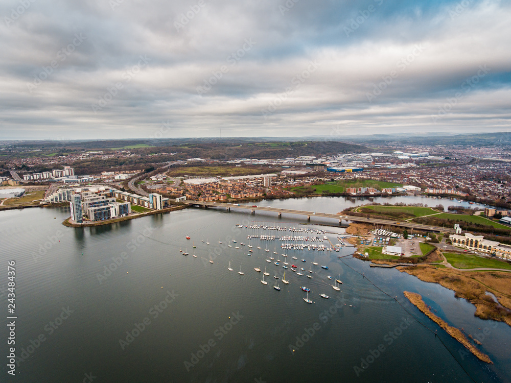 Aerial view of Cardiff Bay Harbour, the Capital of Wales, UK