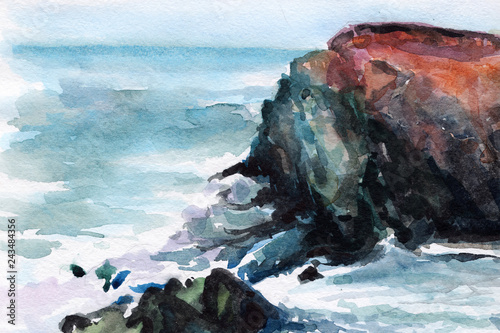 seashore watercolor. surf. sea foam. ocean. stones