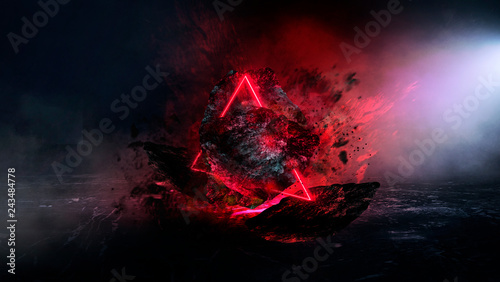 Abstract background with comet explosion. Dark room with smoke, burning stone, laser beam, red neon. Space explosion in the room.
