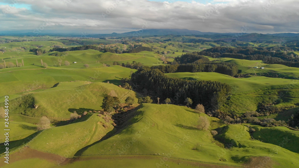 Hills and coutryside of Matamata, New Zealand. Aerial view on a sunny winter day