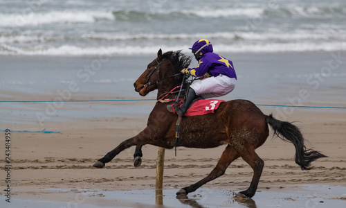 Racing horse and jockey galloping on the beach