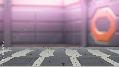 Closeup top steel table with Blur sci-fi Background 3d illustration