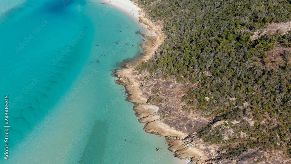 Whitehaven Beach, Australia. Panoramic aerial view of coastline and beautiful beaches