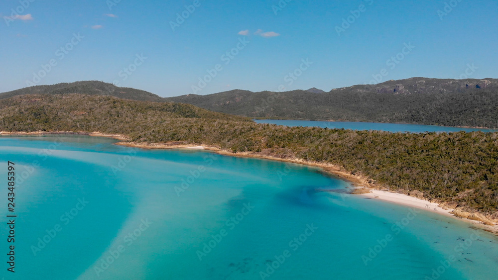 Aerial view of Queensland beaches, Australia. Whitsunday Islands Archipelago on a sunny day