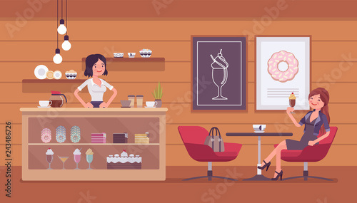 Confectionery store, shop with sweet assortment and shop visitor