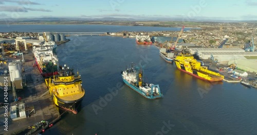 Aerial footage of Montrose harbour and boats, Angus, Scotland