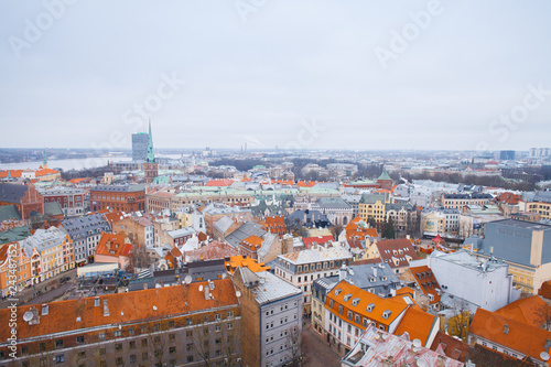 Beautiful aerial view of the old town Riga. View of the roofs of the old town from above. Winter season in Riga, Latvia