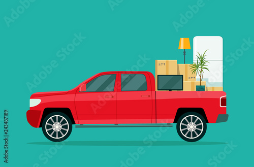 Moving House. Pickup Truck with cardboard boxes and furniture..  Vector flat style illustration