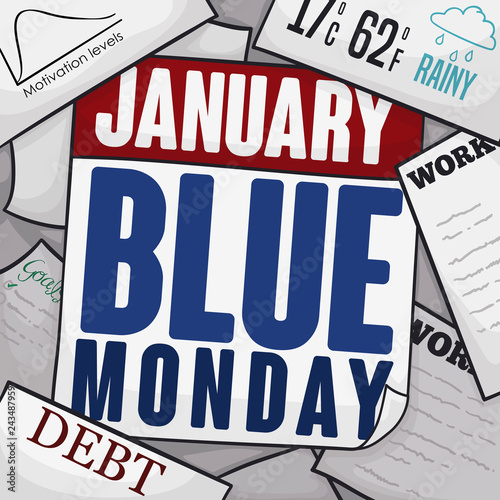 Calendar, Bills, Depressing Work and Paper Commemorating the Blue Monday, Vector Illustration