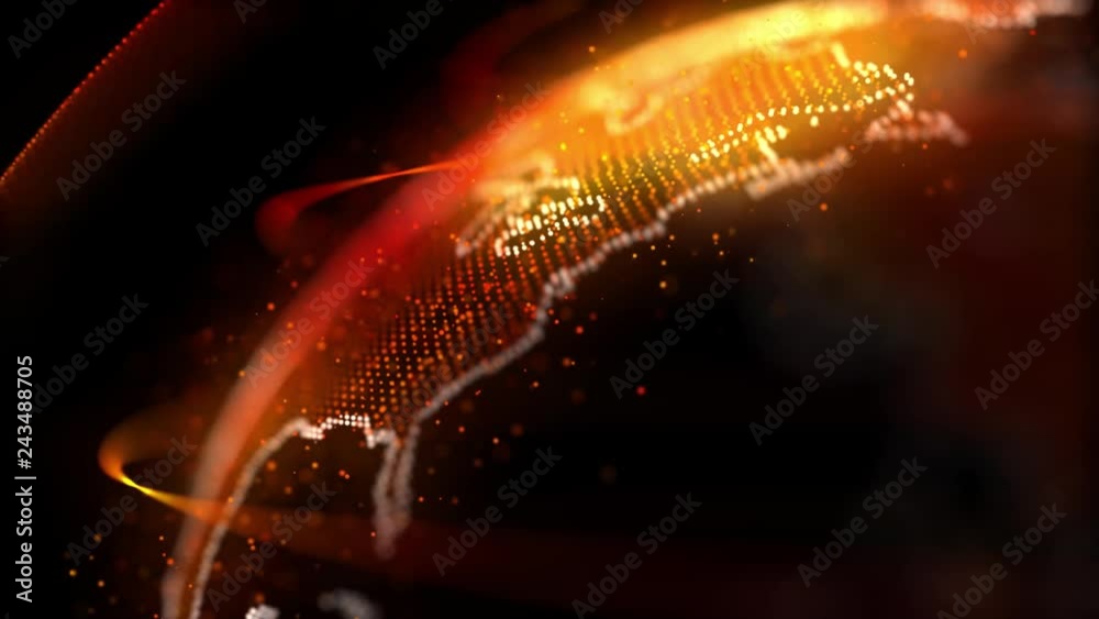 Digital Orange shinny globe of Earth. Rotation of glossy planet with glowing particles. 3D animation of space with digital exploding Earth, Abstract world map background for news intro. Full HD