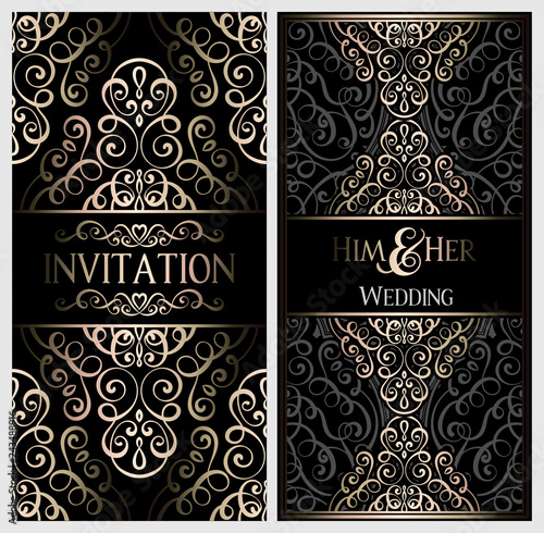 Wedding invitation card with black and gold shiny eastern and baroque rich foliage. Ornate islamic background for your design. Islam, Arabic, Indian, Dubai.