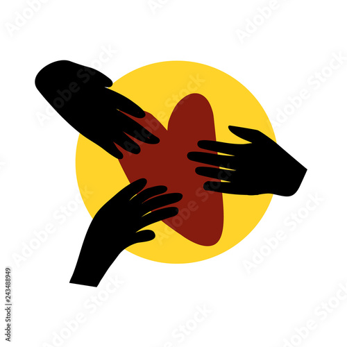 Three Hands hold heart. Charity, support, help concept illustration