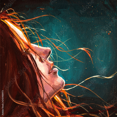 mermaid. girl at night. Under the water. Hair. Painting with oil. acrylic