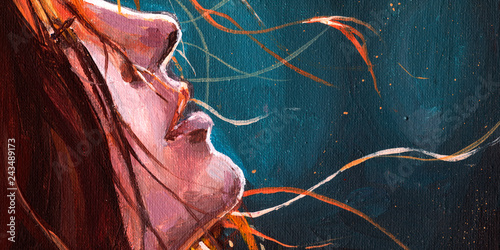 mermaid. girl at night. Under the water. Hair. Painting with oil. acrylic