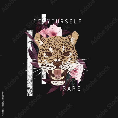 Leopard head with flowers. Be yourself babe slogan. Typography graphic print, fashion drawing for t-shirts. Vector stickers, print, patches vintage rock style