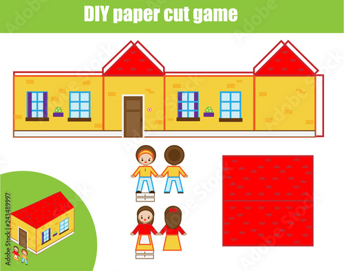 Cut and glue paper game. Educational children DIY craft worksheet. make house model